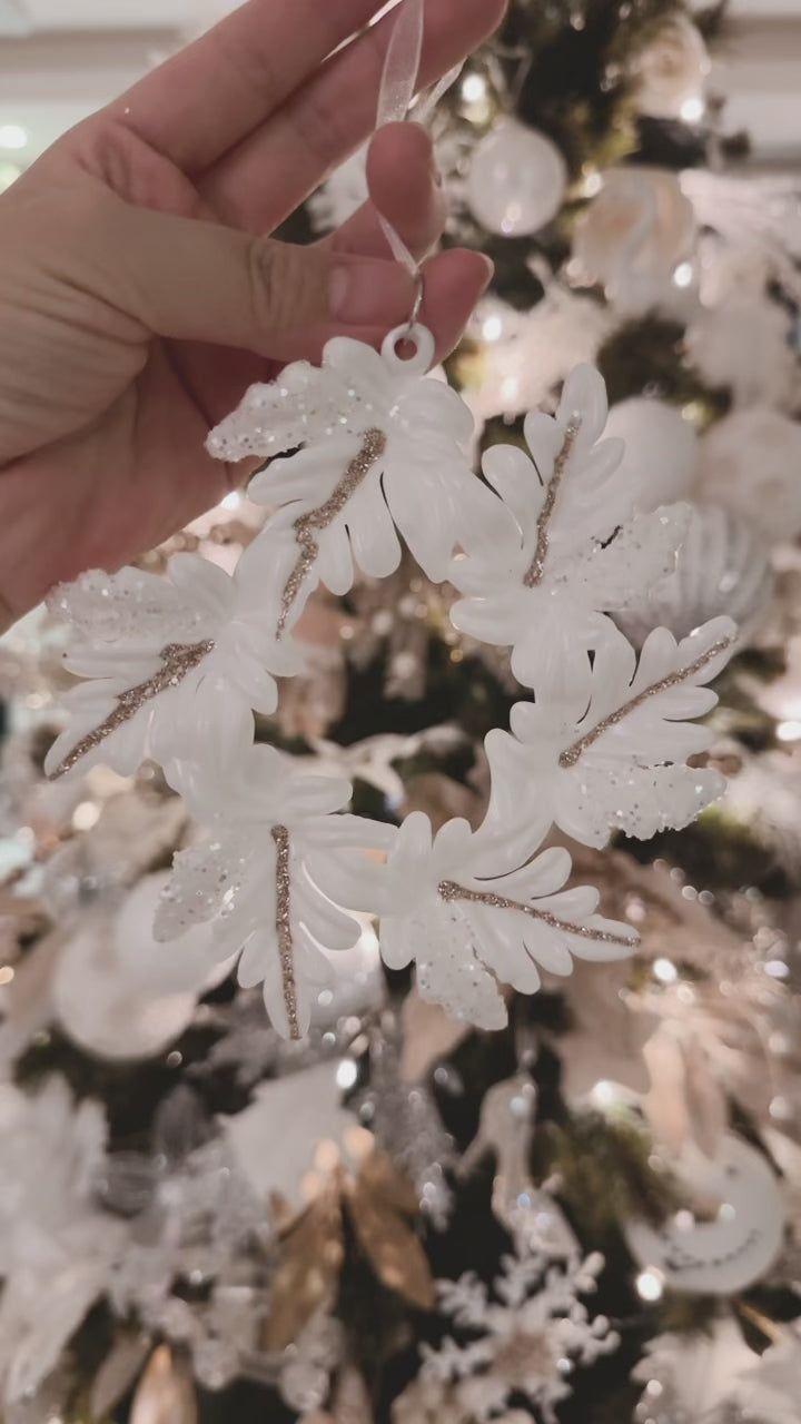 Champagne Gold Rim White Leaves Wreath Ornament