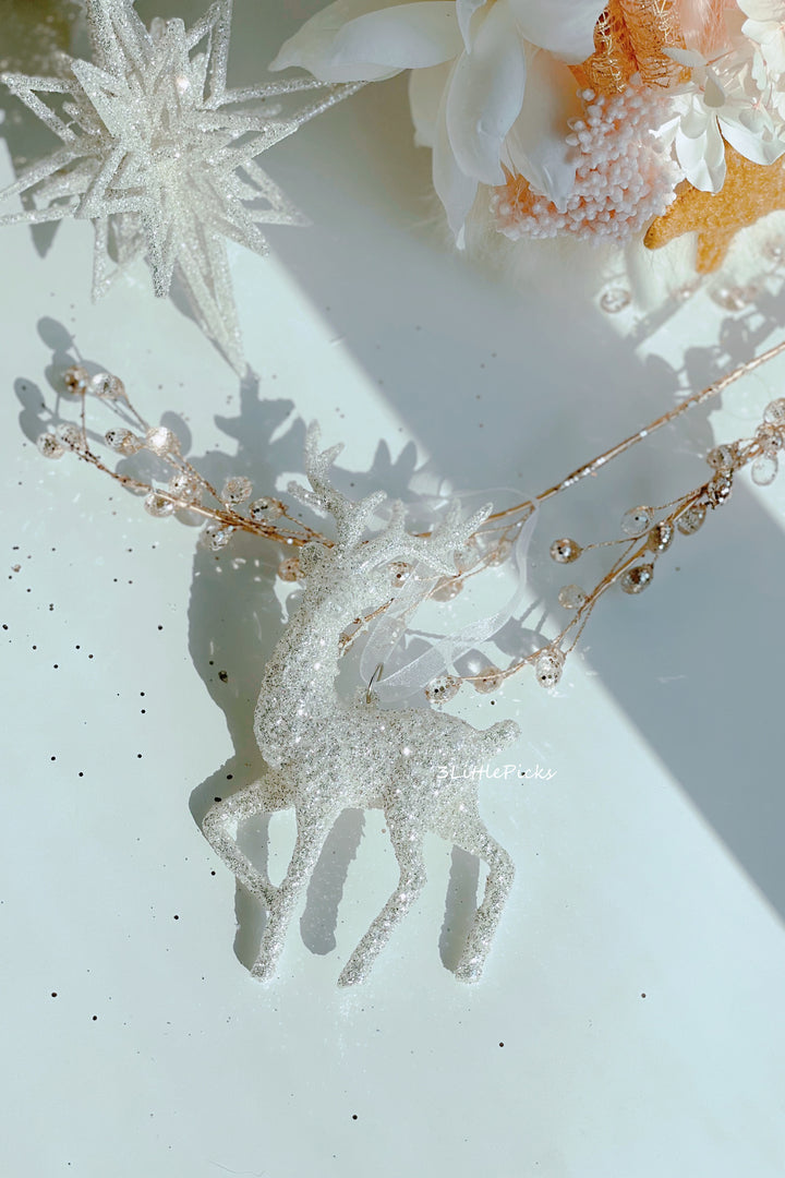 Champagne White Glittered Deer Ornament