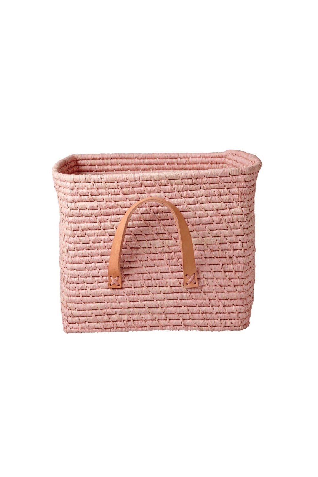 Pink Square Raffia Basket with Leather Handles