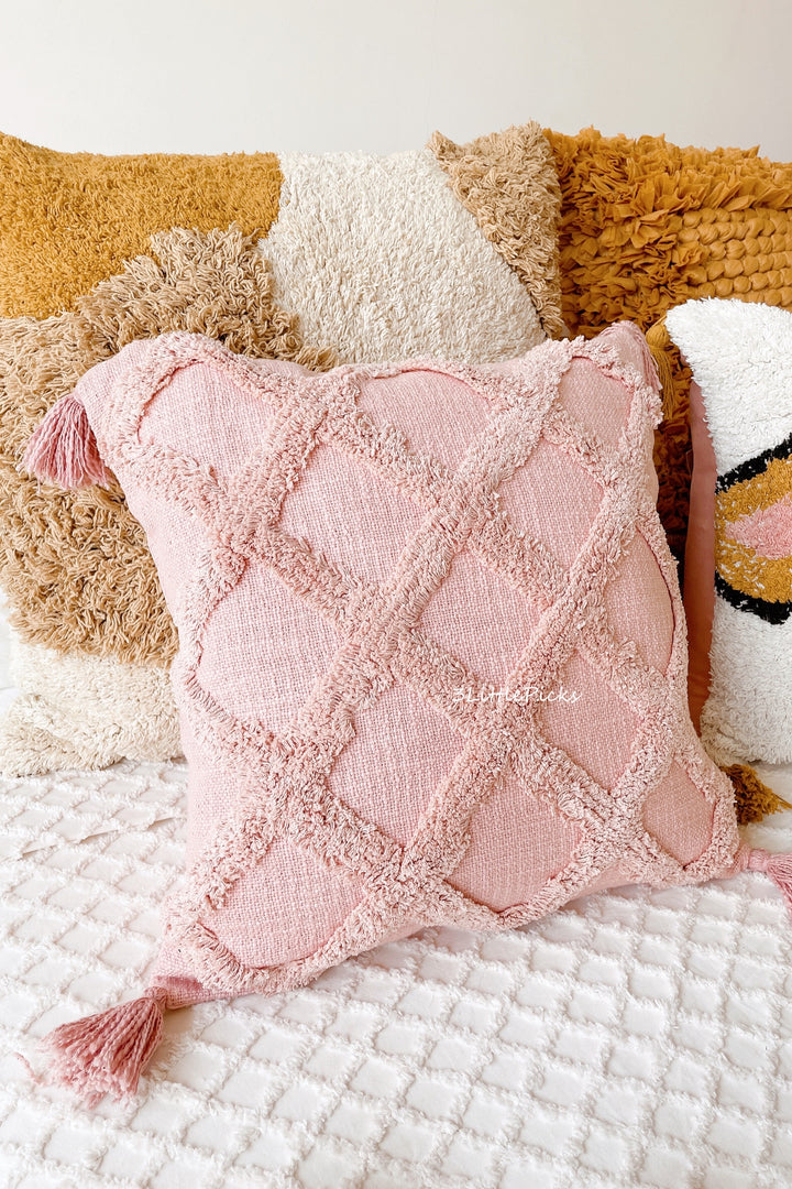 Dusty Pink Cotton Slub Tufted Square Cushion Cover Diagonal