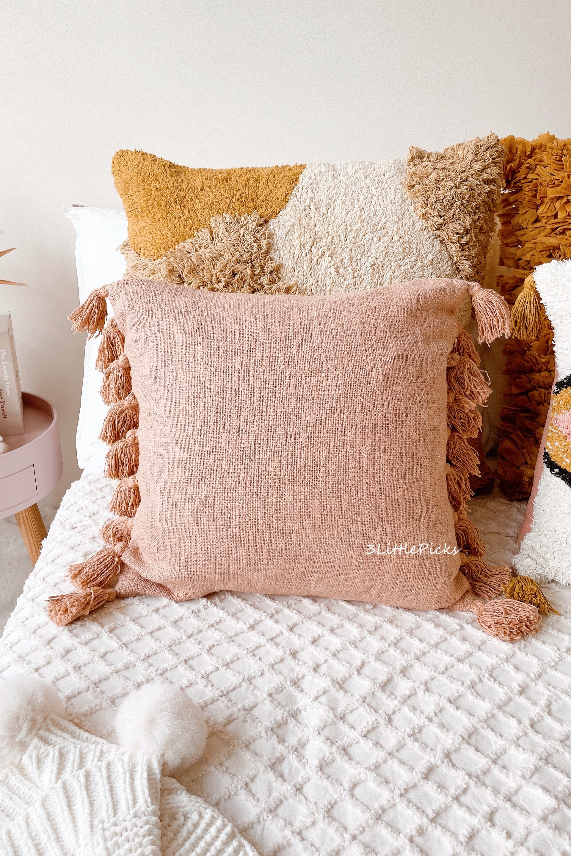 Dusty Peach Pink Cotton Slub Square Cushion Cover with Tassels 3LittlePicks