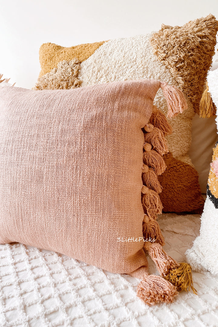 Dusty Peach Pink Cotton Slub Square Cushion Cover with Tassels